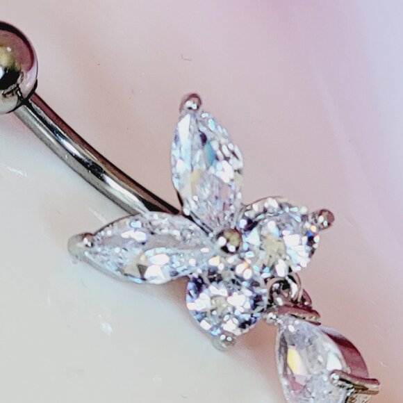 14G stainless steel butterfly and teardrop dangle belly button ring/navel ring - Picture 2 of 5